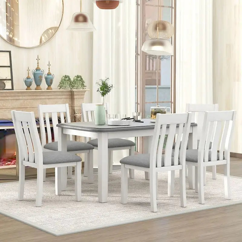 Retro Style 7 PCS Dining Table Set for 6-Extendable Table and 6 Upholstered Chairs