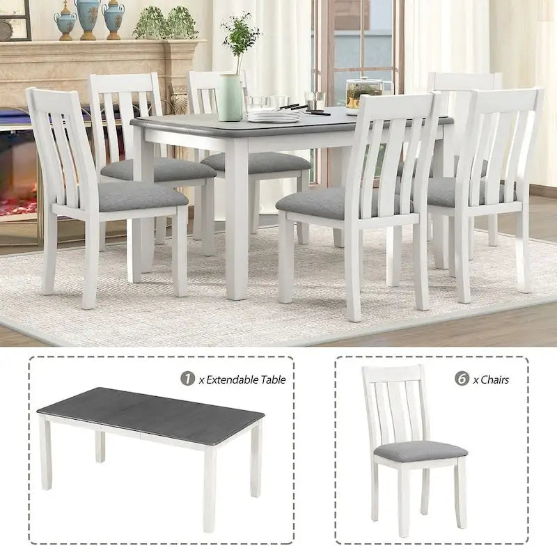 Retro Style 7 PCS Dining Table Set for 6-Extendable Table and 6 Upholstered Chairs