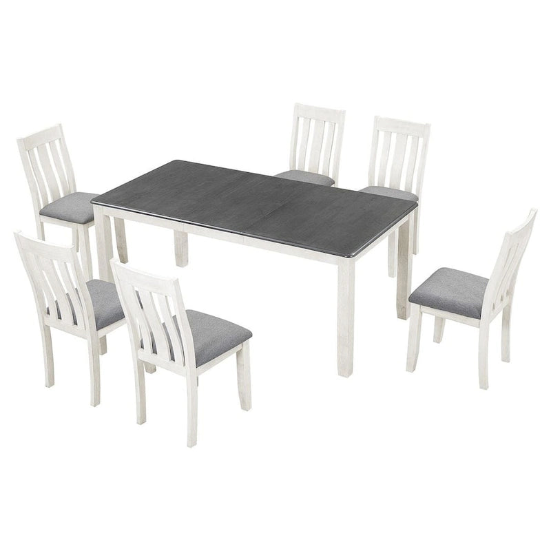 Retro Style 7 PCS Dining Table Set for 6-Extendable Table and 6 Upholstered Chairs