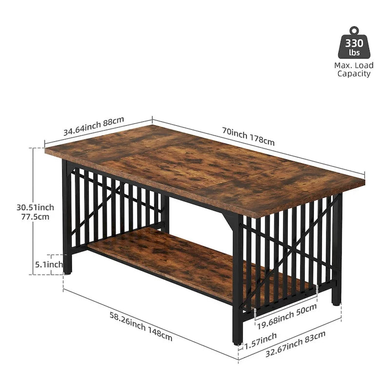 Moasis 70-Inch Large Kitchen Dining Table for 6-8 People, Farmhouse Industrial Kitchen Table with Storage Shelf