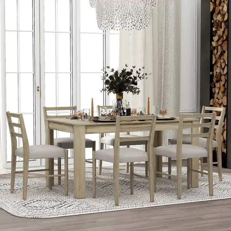 7 PCS Wooden Dining Table Set for 6 with Extendable Table