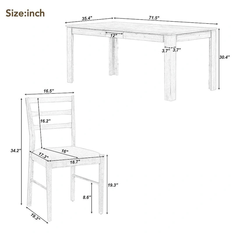7 PCS Wooden Dining Table Set for 6 with Extendable Table