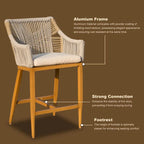 Bar Stools Set of 2,Outdoor Counter Height Bar Chairs with Arm and Backrest,Tall Bar stools with Cushion Modern Textilene