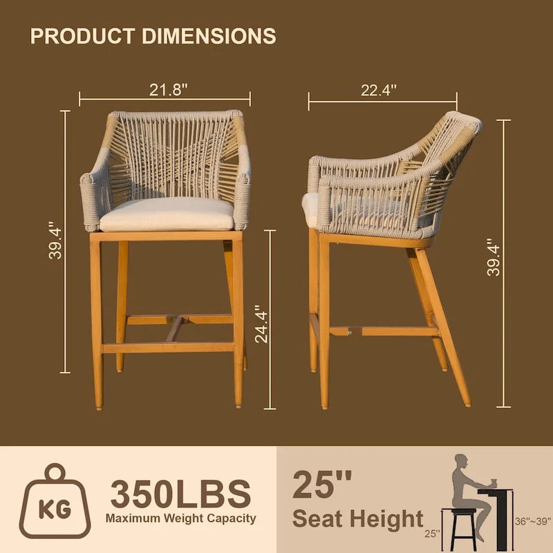 Bar Stools Set of 2,Outdoor Counter Height Bar Chairs with Arm and Backrest,Tall Bar stools with Cushion Modern Textilene