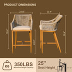 Bar Stools Set of 2,Outdoor Counter Height Bar Chairs with Arm and Backrest,Tall Bar stools with Cushion Modern Textilene