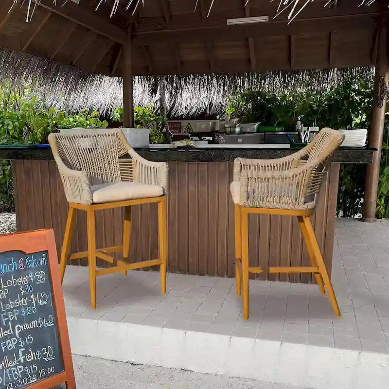 Bar Stools Set of 2,Outdoor Counter Height Bar Chairs with Arm and Backrest,Tall Bar stools with Cushion Modern Textilene