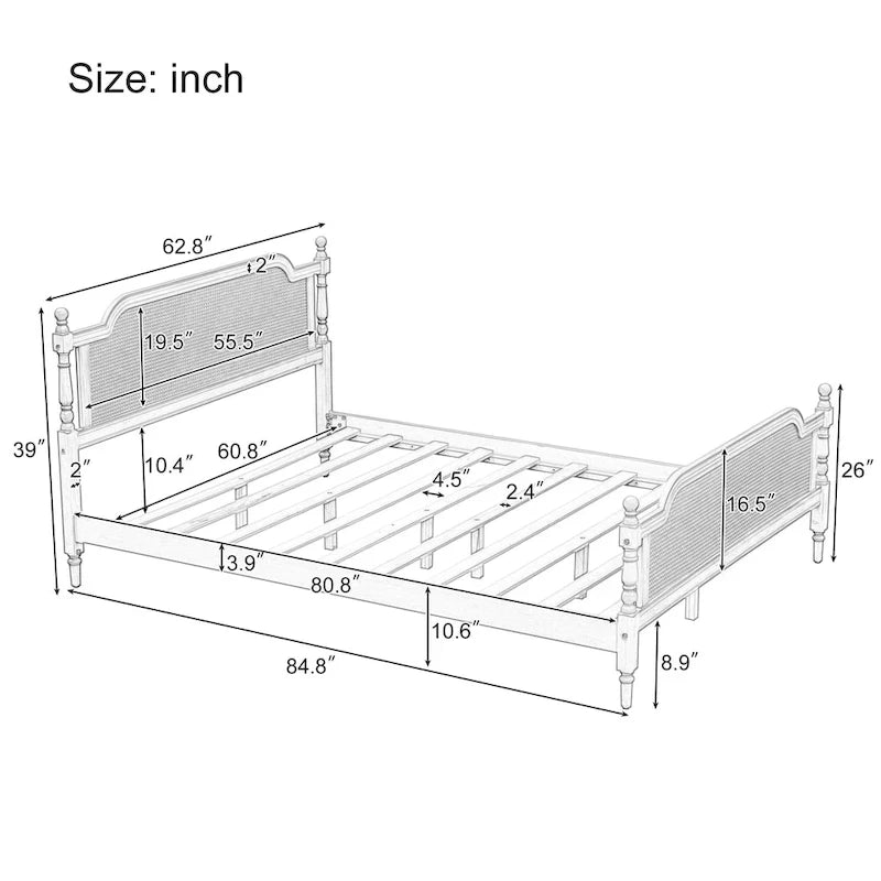 Traditional Style Rattan Platform Bed Frame No Box Spring Needed