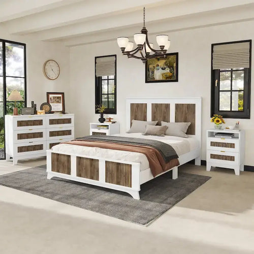 Set 4 Pezzi per Camera da Letto, Letto Matrimoniale a Piattaforma Queen Size Stile Rustico con Decorazione a Strisce di Legno, Comodino Contenitore e Cassettiera