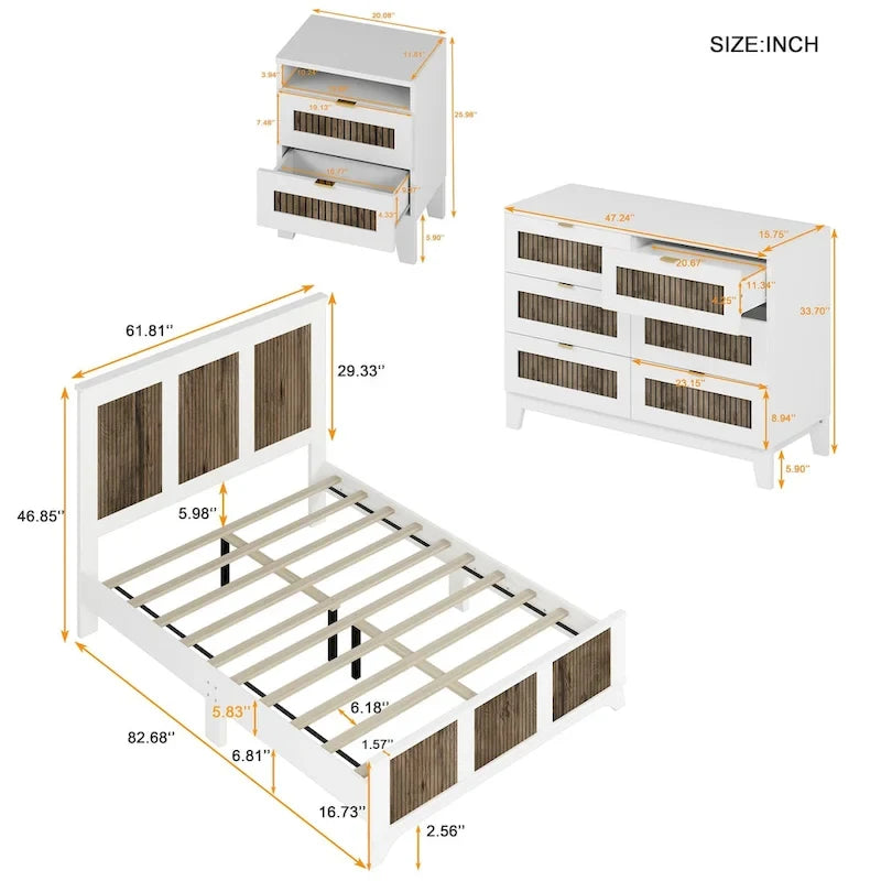 4-Pieces Bedroom Sets, Queen Size Farmhouse Platform Bed with Wooden Strip Decoration, Storage Nightstand and Dresser
