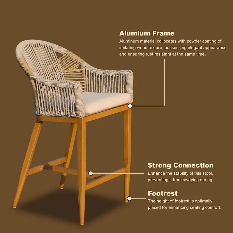 Bar Stools Set of 2 with Arm and Backrest, Counter Height Bar Chairs with Cushion, Bar stools Textilene Rope Boho Barstools
