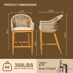 Bar Stools Set of 2 with Arm and Backrest, Counter Height Bar Chairs with Cushion, Bar stools Textilene Rope Boho Barstools