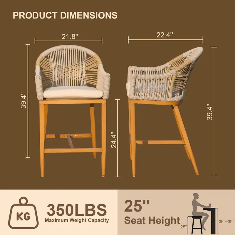 Bar Stools Set of 2 with Arm and Backrest, Counter Height Bar Chairs with Cushion, Bar stools Textilene Rope Boho Barstools