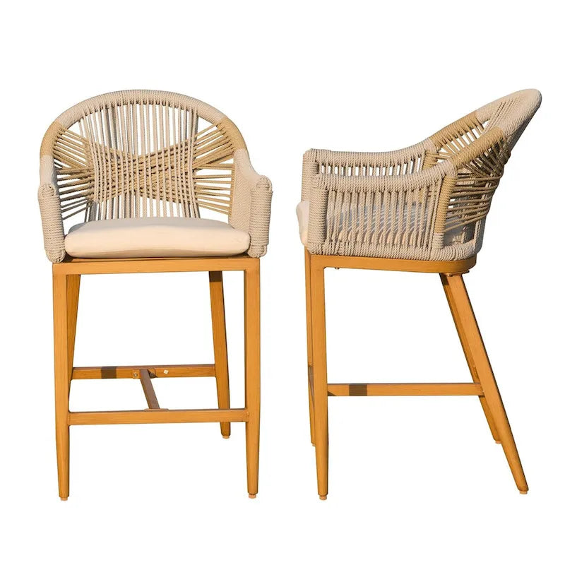 Bar Stools Set of 2 with Arm and Backrest, Counter Height Bar Chairs with Cushion, Bar stools Textilene Rope Boho Barstools