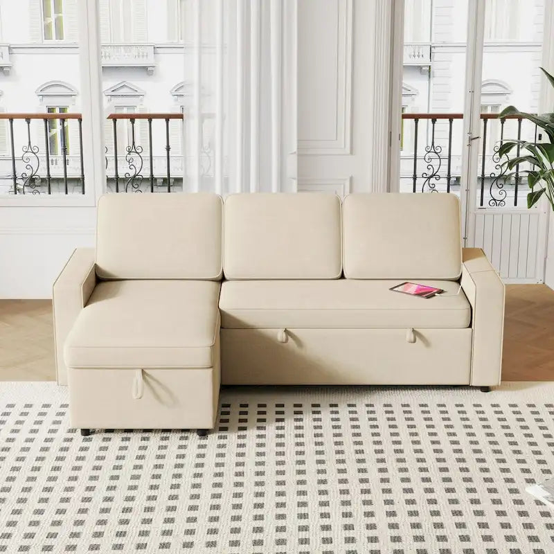 Oaks Aura 85.8 Inch Pull Out Sleeper Sofa, L-shaped Couch With USB Port, Convertible Sofa Bed With Storage Racks