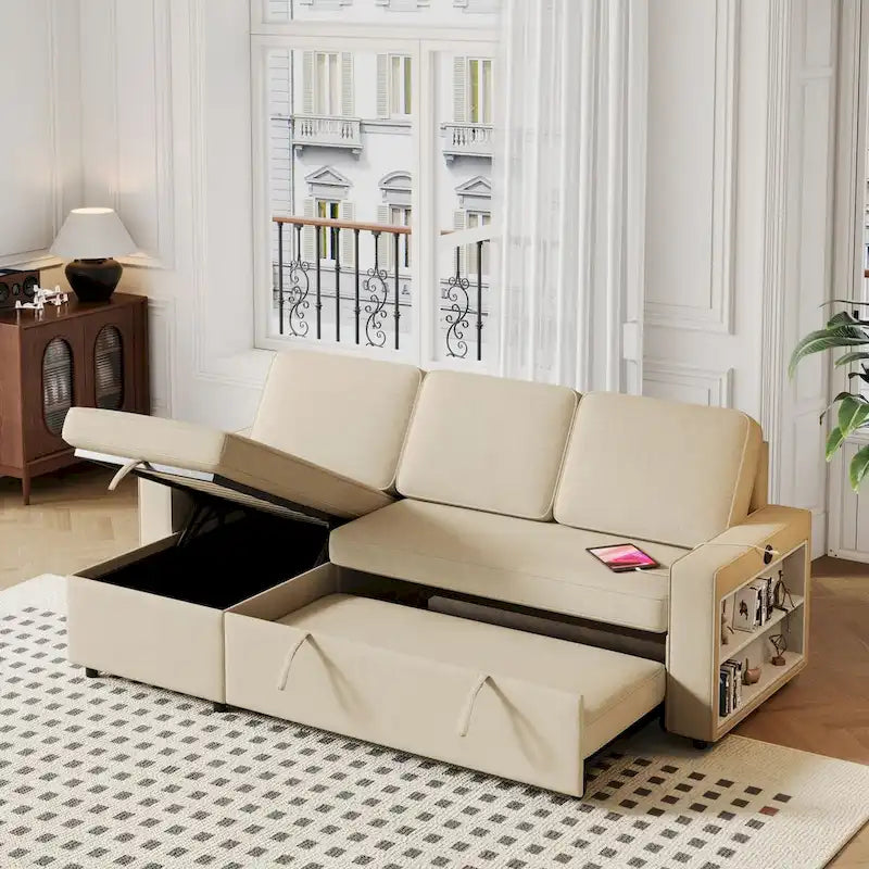 Oaks Aura 85.8 Inch Pull Out Sleeper Sofa, L-shaped Couch With USB Port, Convertible Sofa Bed With Storage Racks